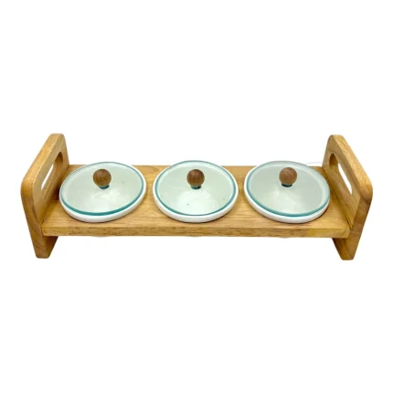 اردوخوری بامبو با سه کاسه سرامیکی و درب‌های شیشه‌ای.