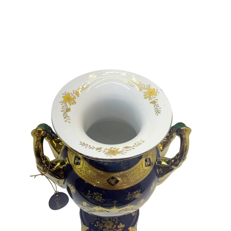 گلدان رومانزو مدل کوبالتی (4) طراحی فاخر گلدان سورمهای سرامیکی رومانزو با نقوش طلایی برجسته.