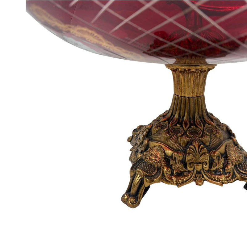 میوه خوری مدل ترنج (2) "میوهخوری با دستهی منحصر به فرد و طراحیهای گلدار شیک به رنگ قرمز و طلایی."