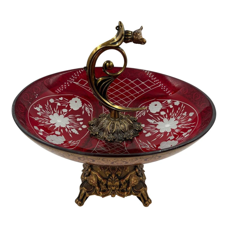 میوه خوری مدل ترنج (6) "میوهخوری شیک و زیبا به رنگ قرمز و طلایی با طرحهای گلدار و دستهی تزئینی."