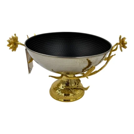 آجیل خوری بلزا مدل گل برنجی با پایه طلایی و بدنه فلزی چکش کاری شده