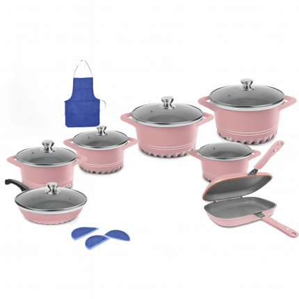 سرویس تفلون ام جی اس 15 پارچه شامل قابلمه و تابه با درب شیشه‌ای مقاوم