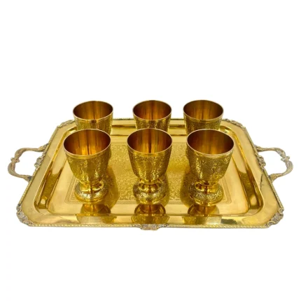 سرویس چای خوری 7 پارچه مدل طاووسی گلد با سینی طلایی حکاکی شده