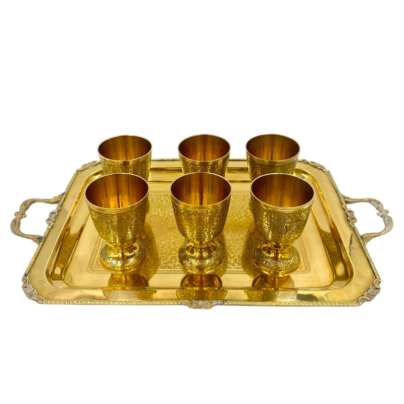 سرویس چای خوری 7 پارچه مدل طاووسی گلد (2) سرویس چای خوری 7 پارچه مدل طاووسی گلد با سینی طلایی حکاکی شده