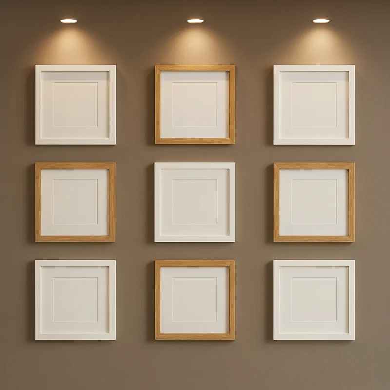 چیدمان قاب عکس روی دیوار پذیرایی به سبک شبکه‌ای با قاب‌های سفید و چوبی و نورپردازی مدرن