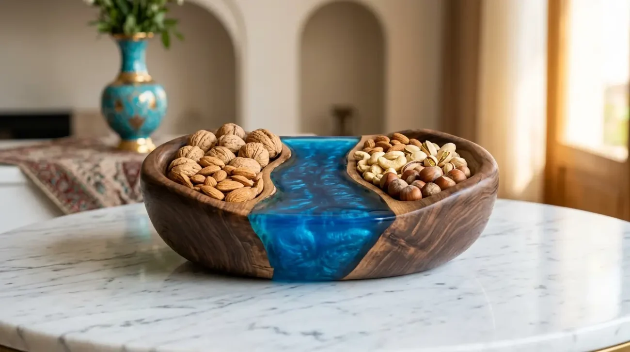 آجیل خوری چوبی ترکیبی با رزین شفاف آبی، طراحی هنری و مدرن