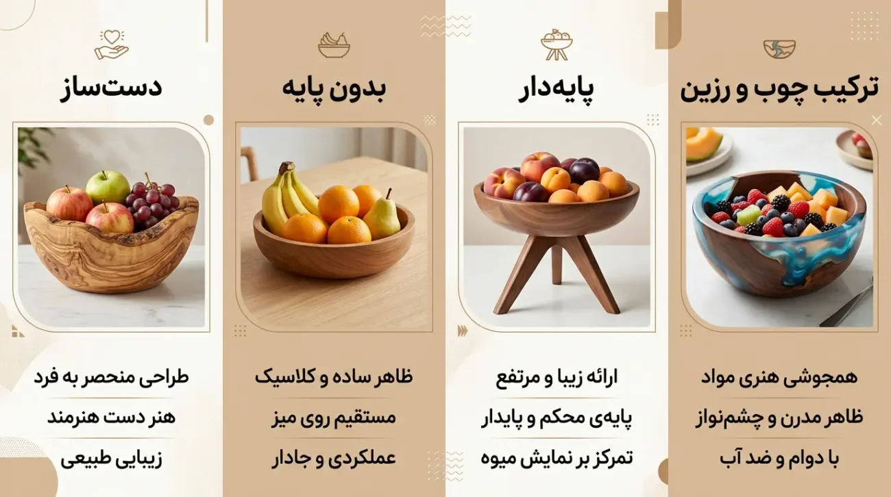اینفوگرافیک انواع مدل میوه خوری چوبی شامل دست‌ساز، بدون پایه، پایه‌دار و ترکیبی