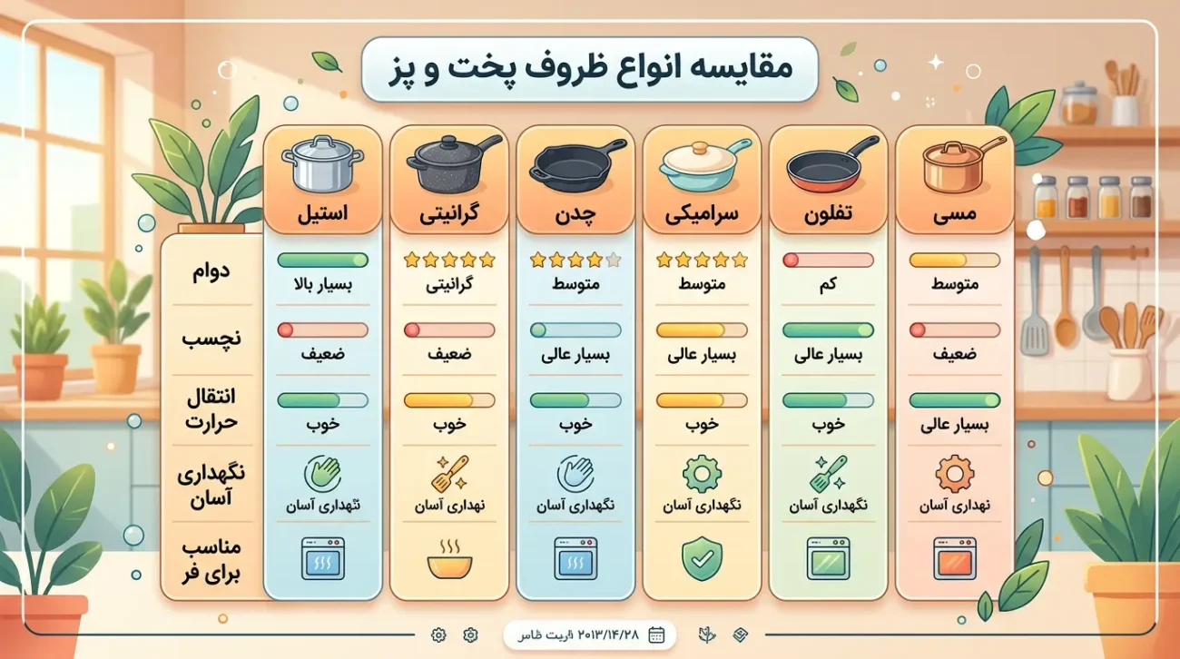اینفوگرافیک مقایسه انواع قابلمه استیل گرانیتی چدن سرامیکی تفلون و مسی
