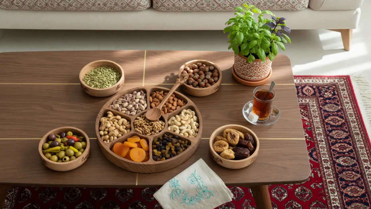 ست کامل ظرف آجیل خوری چوبی چندخانه روی میز پذیرایی مدرن