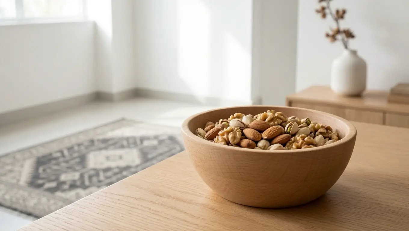 آجیل خوری چوبی مدرن با طراحی مینیمال روی میز پذیرایی