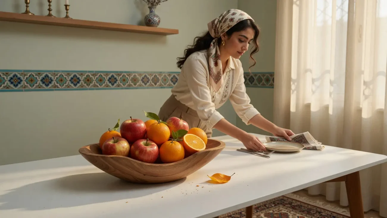 میوه خوری چوبی مدرن روی میز پذیرایی با دکور مینیمال و طبیعی