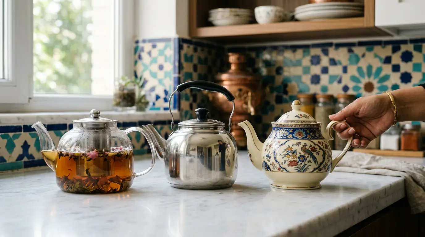 انواع قوری پیرکس استیل و چینی روی میز آشپزخانه مدرن