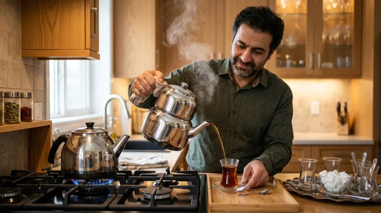 قوری استیل براق در آشپزخانه مدرن ایرانی