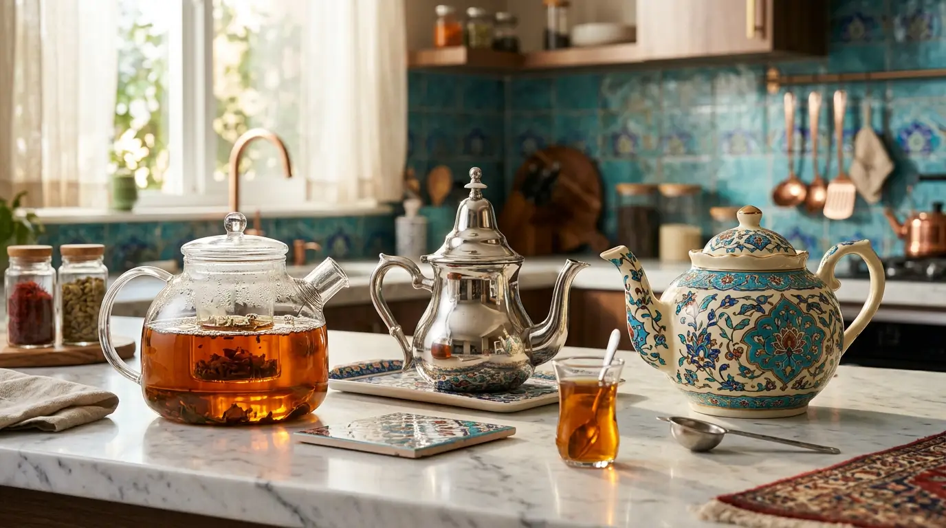 مقایسه انواع قوری پیرکس و استیل و چینی کنار هم